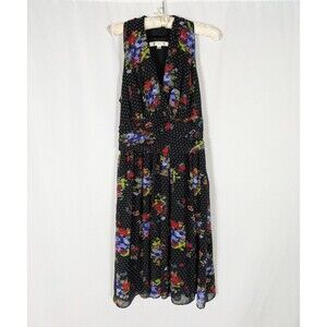 Evan Picone Dress 10 Women's Black Polka Dot Floral Vneck Sleeveless A Line